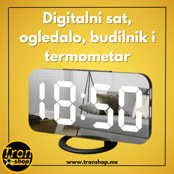 Digitalni sat, ogledalo, budilnik i termometar.