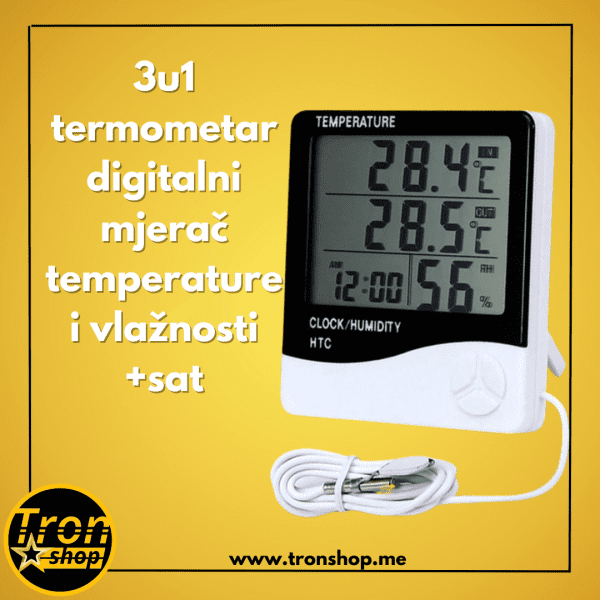 3u1 termometar digitalni mjerač temperature i vlažnosti +sat